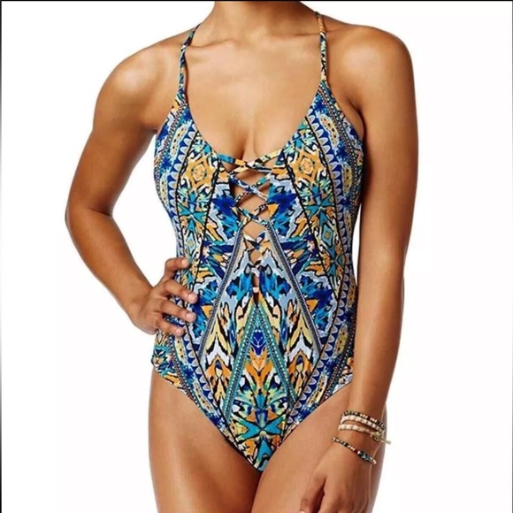 Bar III lace Up One Piece X Back Swimsuit Bathing Suit Swimwear Sz Large - Picture 1 of 9